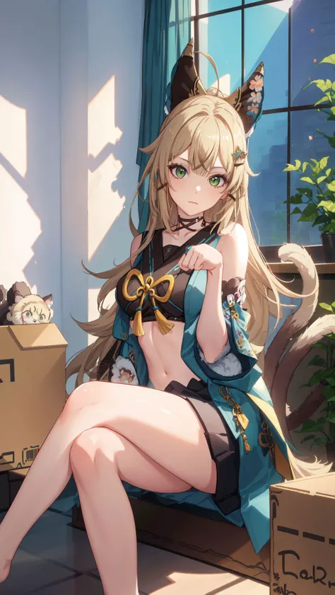 realistic, photo, cat girl, (cat pose:1.2), long blonde hair, medium size breast, <lora:Genshin_Kirara_AP_v3:0.8>, (in front of the japanese style window:1.3), (1girl), (masterpiece, best quality), good tail, (girl sitting in the box:1.3)