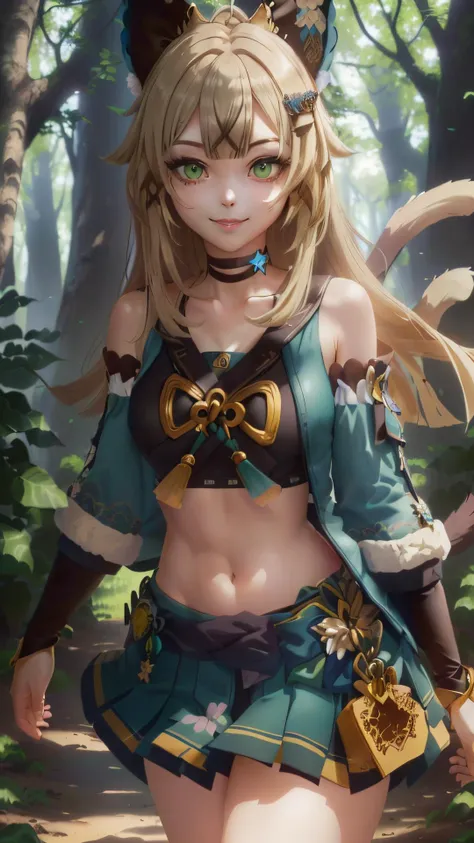 ((best quality)), ((masterpiece)), (detailed), (anime:1.1), ,1girl, <lora:ana1.5:0.5>, armpits, bare_shoulders, black_choker, blonde_hair, breasts, cat_tail, choker, collarbone, cowboy_shot, crop_top, kinky smile, blush, detached_sleeves, fang, green_background, green_eyes, hair_ornament, jacket, jewelry, long_hair, long_sleeves,(closemouth:1.3), looking_at_viewer, medium_breasts, midriff, navel, open_mouth, paw_print, short_shorts, shorts, skirt, smile, solo, tail, thigh_gap, thighs,<lora:Genshin_Kirara_AP_v3:0.8>,detailed  forest background,, Ai-Mitsu, kawaii, a detailed painting, furry art,8k, soft lighting, high quality, highres, sharp focus, extremely detailed,symmetrical eyes, during the day, (sunlight on face), cinematic lighting, (high detailed skin), 8k uhd, dslr, soft lighting,Frame within a frame, , ((masterpiece)), absurdres, HDR