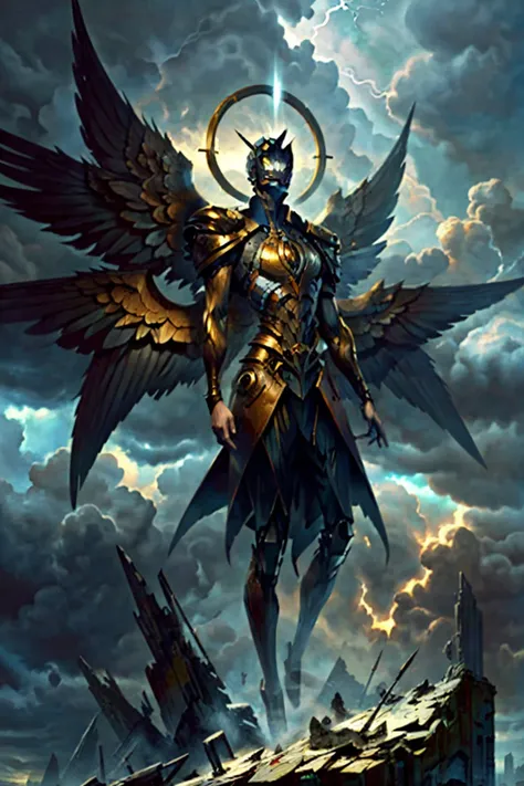realism, highres, A broken machine with metalic wings stands in a destroyed sky city, storm, storm cloud, (color contrast), sunbeam, <lora:MohrbacherV1:0.7>