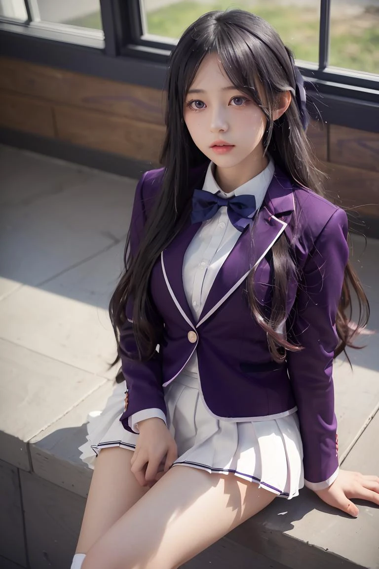(masterpiece, best quality), 1girl, <lora:shiina_hiyori_v1:1> aahiyori, long hair, hair ribbon, purple eyes, school uniform, blue bowtie, red jacket, blazer, pleated skirt, white skirt, thighhighs