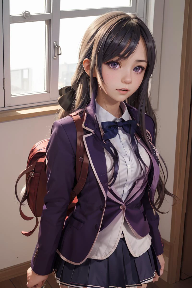 (masterpiece, best quality), 1girl, <lora:shiina_hiyori_v1:1> aahiyori, long hair, hair ribbon, purple eyes, school uniform, blue bowtie, red jacket, blazer, pleated skirt, white skirt, thighhighs