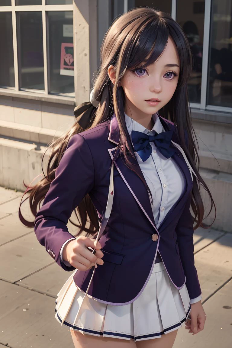(masterpiece, best quality), 1girl, <lora:shiina_hiyori_v1:1> aahiyori, long hair, hair ribbon, purple eyes, school uniform, blue bowtie, red jacket, blazer, pleated skirt, white skirt, thighhighs