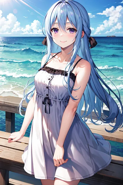 masterpiece, best quality, highres, aahiyori, long hair, hair ribbon, purple eyes, sundress, <lora:shiina_hiyori_v1:0.7>, ocean, standing, smile