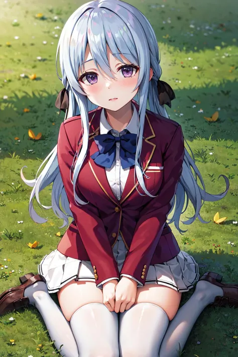 masterpiece, best quality, highres, aahiyori, long hair, hair ribbon, purple eyes, school uniform, blue bowtie, red jacket, blazer, pleated skirt, white skirt, thighhighs, <lora:shiina_hiyori_v1:0.7>, field, grass, wariza, loafers,