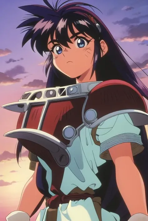 "(masterpiece:1.1), best quality,
1girl, (traditional media 80s:1.4), (eyelashes:1.5), (:1.2),
(intricate high detailed body:1.2),
(purple hair:1.1), (forehead, parted bangs, hairclip:1.1), (ponytail:1.1), (demon horns:1.1),
brown eyes, (red lip stick:1.2),
(huge breasts:1.1),
(expressionless:1.2),
(leotard armor, pantyhose:1.2), (knight armor, armored boots:1.2),
(fur:1.1), (accessories:1.1), long gloves,
standing, (dynamic pose, action pose, hand on hip:1.2),
(upper body, cowboy shot, looking at viewer:1.1),
(daytime, grassland, outdoors:1.1)"