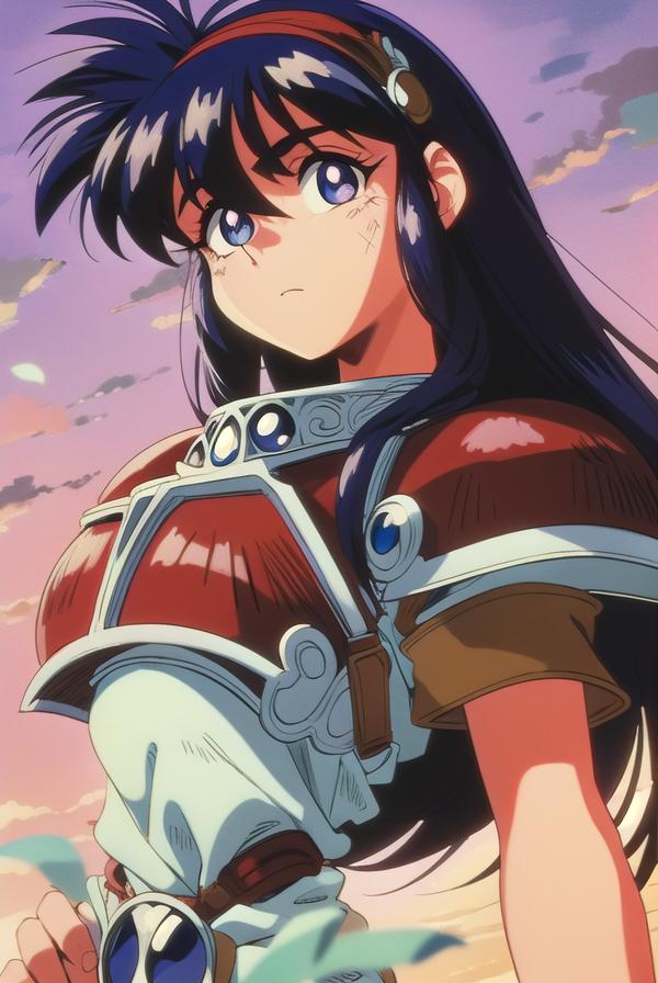 A woman in a red and white outfit holding a sword - SeaArt AI