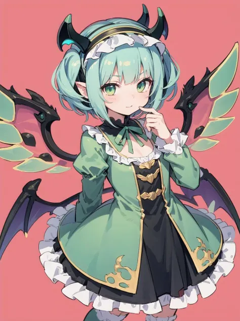 PADastaroth, wings, green hair, hairband, short hair, dress, frills, green eyes, green dress, demon horns, standing <lora:PADastaroth:0.8>