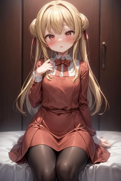 (masterpiece, best quality), 1girl, blonde hair, red dress, pantyhose, cute face, blush, <lora:add_detail:1>
