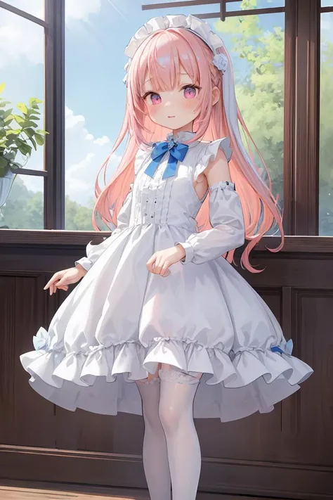 (masterpiece, best quality), 1girl, blue and white frill dress, (white stockings), pink hair, cute face, standing, indoor, intricate detail, sunlight,
