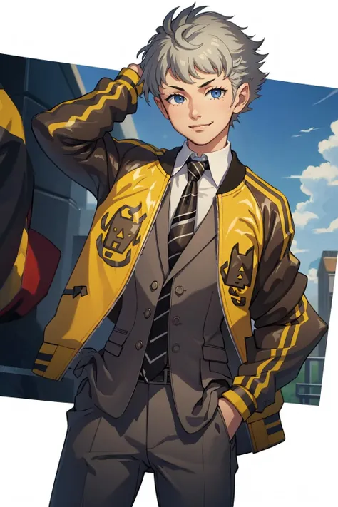 masterpiece, best quality, solo, 1boy, smirk, looking at viewer, <lora:Hallelujah_Fp:1>, hallelujahsmt, jacket, pants, suit , necktie, hand on head,