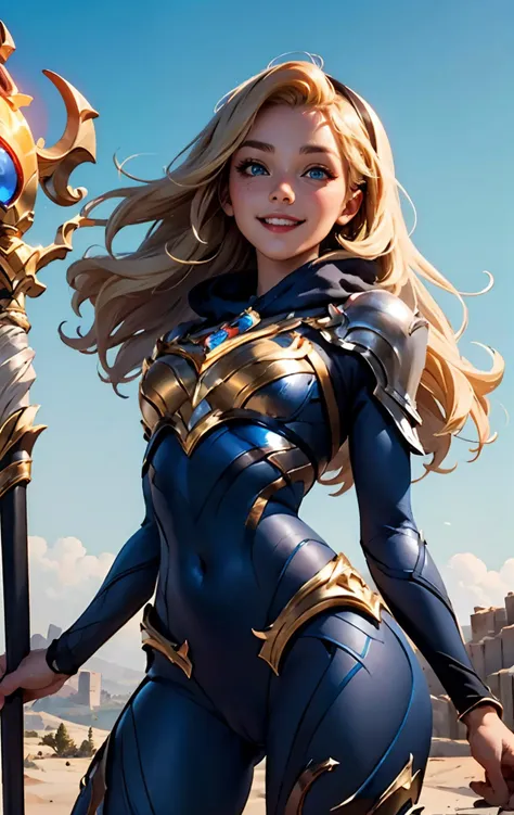 best quality, masterpiece, (1girl solo),Exquisite facial features,beautiful detailed eyes, 4k, Hdr,  <lora:luxannaCrownguardFrom_luxV1:0.8>, arms behind back, standing, lux \(league of legends\), blonde hair, staff, blue eyes, hair band, smile, cameltoe, bodysuit,