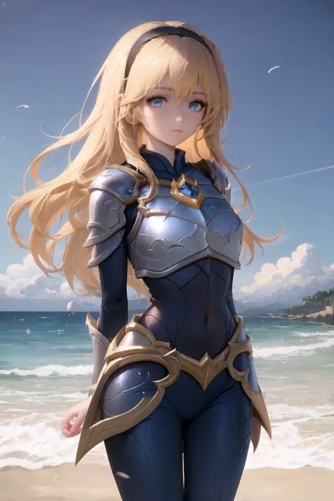 beach, lux, luxanna crownguard, league of legends, cowboy shot, looking at viewer, 1girl, solo, blonde hair, blue eyes, blue pants, blue bodysuit, bodysuit, impossible bodysuit, brown hairband, hairband, long hair, long sleeves, shoulder plates, breastplate, sapphire, standing, ((arms behind back)), <lora:luxannaCrownguardFrom_luxV1:0.6>