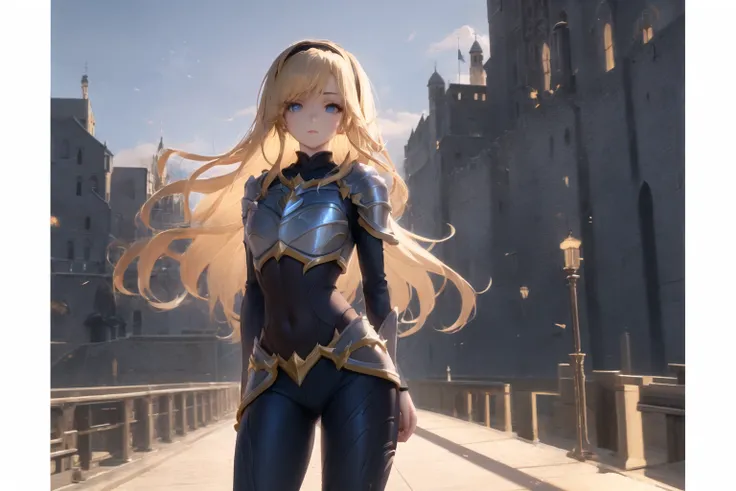 castle, demacia, lux, luxanna crownguard, league of legends, cowboy shot, looking at viewer, 1girl, solo, blonde hair, blue eyes, blue pants, blue bodysuit, bodysuit, impossible bodysuit, brown hairband, hairband, long hair, long sleeves, shoulder plates, breastplate, sapphire, standing, ((arms behind back)), <lora:luxannaCrownguardFrom_luxV1:0.6>