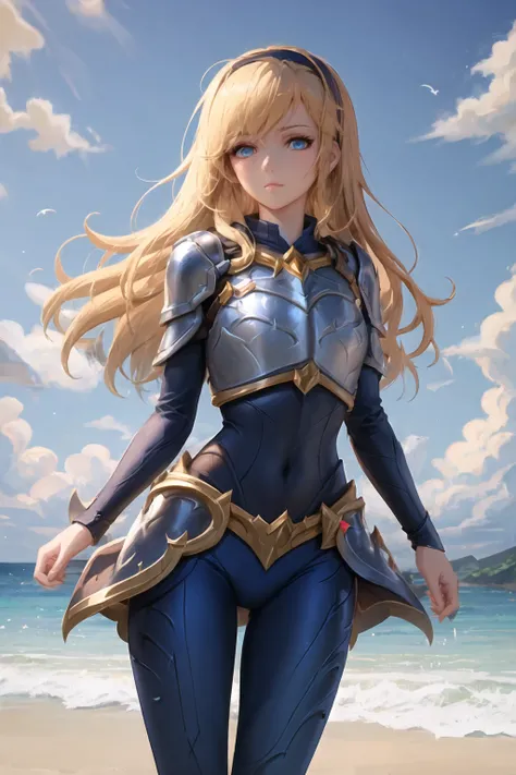 beach, lux, luxanna crownguard, league of legends, cowboy shot, looking at viewer, 1girl, solo, blonde hair, blue eyes, blue pants, blue bodysuit, bodysuit, impossible bodysuit, brown hairband, hairband, long hair, long sleeves, shoulder plates, breastplate, sapphire, standing, <lora:luxannaCrownguardFrom_luxV1:0.6>