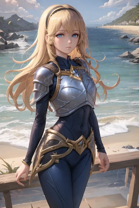 beach, lux, luxanna crownguard, league of legends, cowboy shot, looking at viewer, 1girl, solo, blonde hair, blue eyes, blue pants, blue bodysuit, bodysuit, impossible bodysuit, brown hairband, hairband, long hair, long sleeves, shoulder plates, breastplate, sapphire, standing, arms behind back, <lora:luxannaCrownguardFrom_luxV1:0.6>