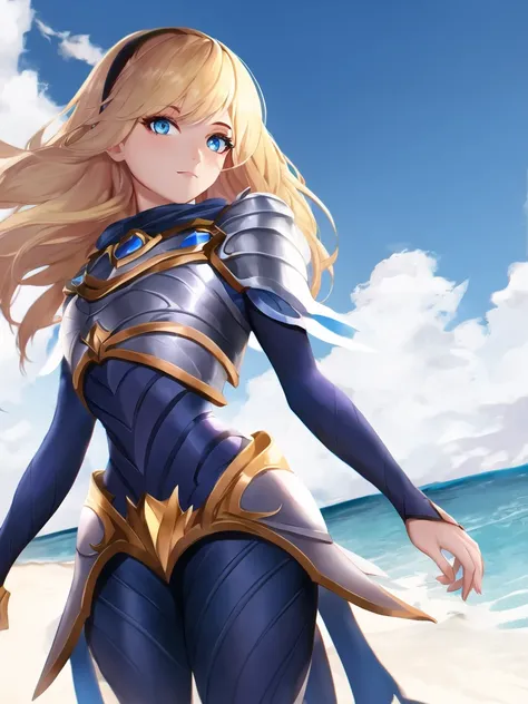 beach, lux, luxanna crownguard, league of legends, cowboy shot, looking at viewer, 1girl, solo, blonde hair, blue eyes, blue pants, blue bodysuit, bodysuit, impossible bodysuit, brown hairband, hairband, long hair, long sleeves, shoulder plates, breastplate, sapphire, standing <lora:lux-000016:1>