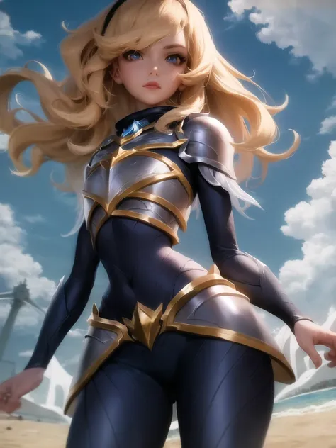 beach, lux, luxanna crownguard, league of legends, cowboy shot, looking at viewer, 1girl, solo, blonde hair, blue eyes, blue pants, blue bodysuit, bodysuit, impossible bodysuit, brown hairband, hairband, long hair, long sleeves, shoulder plates, breastplate, sapphire, standing <lora:lux-000016:1>