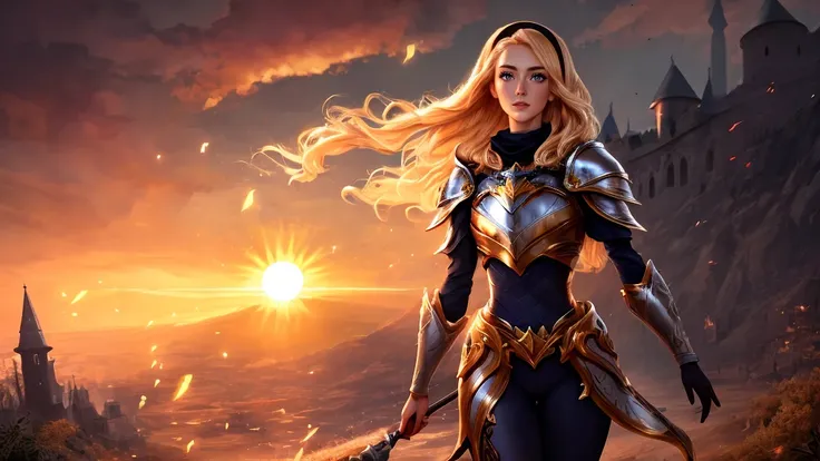 beautiful derailed face, sunset, a young gorgeous lux, luxanna crownguard, league of legends, ((full body)), 1girl, solo, blonde hair, blue eyes, blue pants, blue bodysuit, bodysuit, impossible bodysuit, brown hairband, hairband, long hair, long sleeves, breastplate, pauldrons, armor, gold trim, shoulder armor, masterpiece, 8k wallpaper, highres, high quality background, beautiful castle, (sun), (magic:1.2), angelic goddess, fantasy, electricity, brightness, hyper-detailed, realistic light, hard lighting, intricate details, stop motion, tonemapping, (illustration:1.1), (extremely detailed CG unity 8k wallpaper:1.1), (beautiful face:1.1)