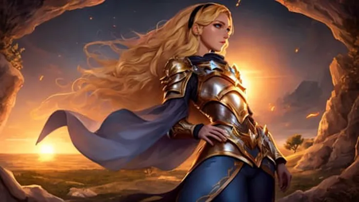 beautiful derailed eyes, sunset, a young gorgeous lux, luxanna crownguard, league of legends, ((full body)), 1girl, solo, blonde hair, blue eyes, blue pants, blue bodysuit, bodysuit, impossible bodysuit, brown hairband, hairband, long hair, long sleeves, breastplate, pauldrons, armor, gold trim, shoulder armor, masterpiece, 8k wallpaper, highres, high quality background, beautiful castle, (sun), (magic:1.2), angelic goddess, fantasy, electricity, brightness, hyper-detailed, realistic light, hard lighting, intricate details, stop motion, tonemapping, (illustration:1.1), (extremely detailed CG unity 8k wallpaper:1.1), (beautiful face:1.1)