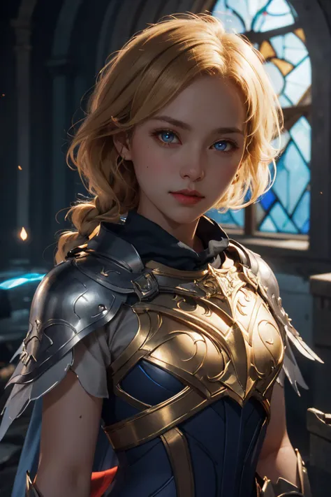 lux, luxanna crownguard, upper body of paladin lady in ornate golden armor, black collar, pauldrons, breastplate, corset, glowing halo, single braid, blonde, blue glowing eyes, bright pupils, eye focus, red cape, temple indoors, stained glass windows, night, moonlight, particles, light beam, chromatic aberration, <lora:lux-000016:1>