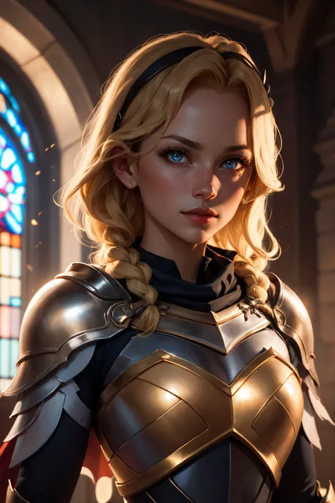 lux, luxanna crownguard, upper body of paladin lady in ornate golden armor, black collar, pauldrons, breastplate, corset, glowing halo, single braid, blonde, blue glowing eyes, bright pupils, eye focus, red cape, temple indoors, stained glass windows, night, moonlight, particles, light beam, chromatic aberration, <lora:lux-000016:1>