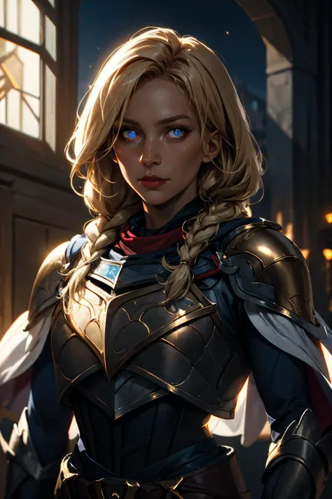 lux, luxanna crownguard, upper body of paladin lady in ornate golden armor, black collar, pauldrons, breastplate, corset, glowing halo, single braid, blonde, blue glowing eyes, bright pupils, eye focus, red cape, temple indoors, stained glass windows, night, moonlight, particles, light beam, chromatic aberration, <lora:lux-000016:1>