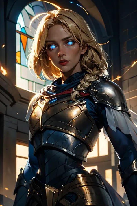 lux, luxanna crownguard, upper body of paladin lady in ornate golden armor, black collar, pauldrons, breastplate, corset, glowing halo, single braid, blonde, blue glowing eyes, bright pupils, eye focus, red cape, temple indoors, stained glass windows, night, moonlight, particles, light beam, chromatic aberration, <lora:lux-000016:1>