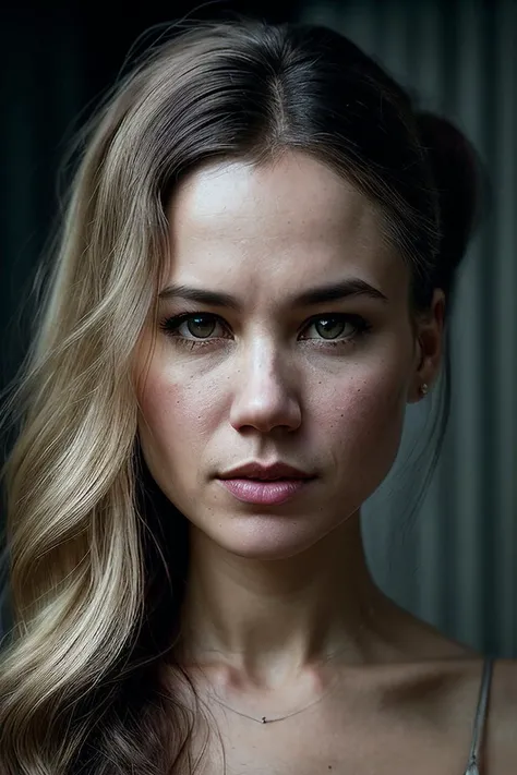 beautiful woman (Kr15t3nH4g3r:.99), (( high ponytail )) , (minimal jewellery:1.1), ((portrait)), (closeup:1.2), ((from the waist up)), ((( dark and mythical environment inspired by h.p. lovecraft :1.4 ))), ((shadow over innsmouth:1.2)), natural skin texture, 24mm, 4k textures, soft cinematic light, adobe lightroom, photolab, hdr, intricate, elegant, highly detailed, sharp focus, ((((cinematic look)))), soothing tones, insane details, intricate details, hyperdetailed, low contrast, soft cinematic light, exposure blend, hdr, faded, now, ("I've got a bad feeling about this.":1.1)