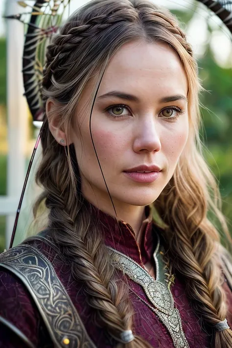 beautiful woman (Kr15t3nH4g3r:.99), (( Copper red side braid hairstyle )) , (minimal jewellery:1.1), ((portrait)), (closeup:1.2), ((from the waist up)), ((( Mystical garden labyrinth used for outdoor yoga and mindfulness :1.2 ))), natural skin texture,  ((  Archery chest guard, Archery pants, archery shoes, bow and arrows,  :1.2)), 24mm, 4k textures, soft cinematic light, adobe lightroom, photolab, hdr, intricate, elegant, highly detailed, sharp focus, ((((cinematic look)))), soothing tones, insane details, intricate details, hyperdetailed, low contrast, soft cinematic light, exposure blend, hdr, faded, now, ("I've got a bad feeling about this.":1.1)