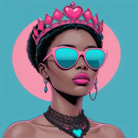 Black Love Pop Art, pink, teal, crown, beautiful woman, queen, necklace, lips parted, sunglasses with beautiful reflection <lora:blacklove:0.5>