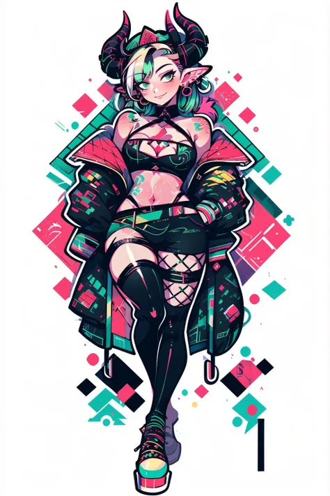 <lora:ChinaChic:1>, 1girl, solo, virtual youtuber, multiple horns, cleavage cutout, horns, thighhighs, breasts, sleeves past fingers, jacket, clothing cutout, fishnets, multicolored hair, single leg pantyhose, black jacket, cleavage, white background, green eyes, medium breasts, green hair, sleeves past wrists, tiara, single thighhigh, asymmetrical legwear, spikes, blue hair, thigh strap, smile, pointy ears, black dress, streaked hair, looking at viewer, short hair, off shoulder, head tilt