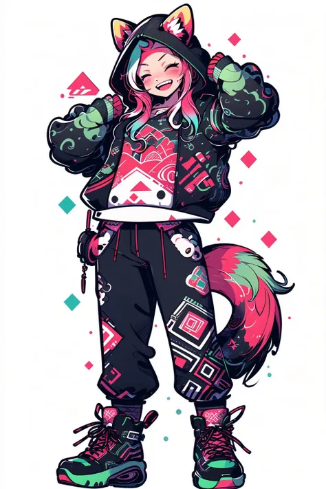 <lora:ChinaChic:1>, 1girl, solo, virtual youtuber, closed eyes, smile, full body, open mouth, boots, white background, simple background, multicolored hair, facing viewer, streaked hair, standing, v, animal costume, black footwear, blush, grey hair, :d, tail, ^_^, bangs, long sleeves, hand up, green hair, teeth, hood up, hood, red hair, sleeves past wrists