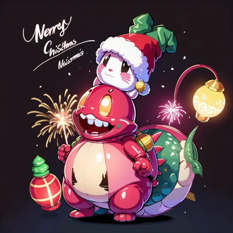 merrychristmas, <lora:merrychristmas-000021:0.8>
bubble bobble, rabbit, dragon's hat, dragon's skin, fireworks, open mouth, solo, no humans, smile, black eyes, standing, black background, blush, lantern, aerial fireworks, full body