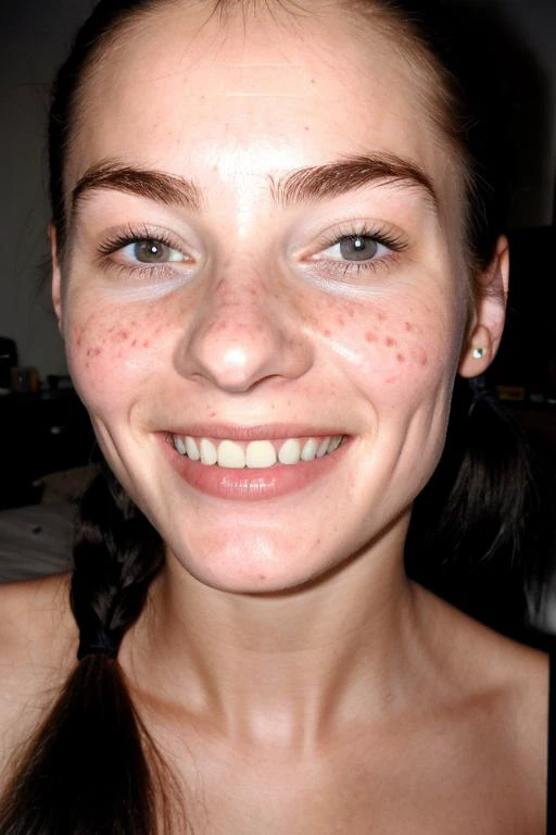 film,film grain,<lyco:leaked nude photos style:0.5>,<lyco:pornpolaroidphotoV1:0.3>,Polaroid SX-70 and a polaroid photo,flash photography,(from front),face close-up,(a photo of a 30-year-old black woman:1.2) and looking at viewer,photorealistic and Realistic and Detailed Skin Textures and detailed skin pores and high skin detail,Detailed facial features and detailed eyes as she looks into the camera with a natural smile and without make-up and blush,black hair,Long hair and twintails,(She is in the dark bedroom background:1.25),freckles,mole,acne,(blush),Fully nude and (detailed small breasts:1.2) and detailed nipples and detailed areolas