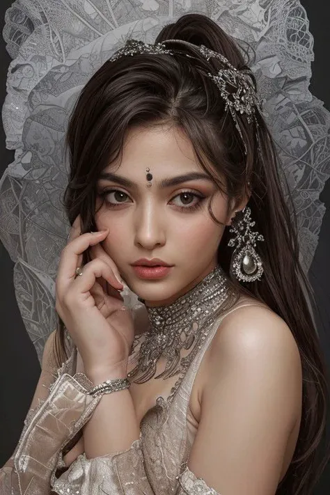 pakistani, woman, looking shy and vulnerable, nail polish, young, makeup, smokey eyeshadow, earrings, medium breasts, elegant fingers,  <lora:lcm_sd1.5:1> <lora:CoveringBreasts:1>