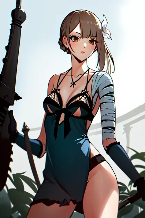 kaine \(nier\), 1girl, white hair, bandaged arm, bandaged neck, bandages, bangs, black bow, black gloves, blurry, blurry background, bow, braid, breasts, brown eyes, clothing cutout, collarbone, commentary, cowboy shot, detached sleeves, diagonal bangs, ekao, flower, frills, gloves, hair flower, hair ornament, highres, holding, holding weapon, leaf, light brown hair, lingerie, lips, looking to the side, medium breasts, negligee, nier, nier \(series\), outdoors, panties, plant, side slit, sidelocks, solo, standing, swept bangs, sword, thighs, underwear, weapon, white flower, white negligee, white panties,
<lora:kaine:0.6>