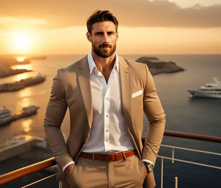 Nautical-themed (Photo:1.3) of (Ultrarealistic:1.3) <lora:Man_Men_FFashion:1> Lionel Messi a man <lora:shaun-Lionel-Messi:1> in a tan suit standing on a balcony, sun behind him, inspired by Pablo Munoz Gomez, shot at golden hour, editorial photograph, midshot of a hunky, by Roman Bezpalkiv, by Artur Tarnowski, maxim sukharev, by Gabor Szikszai,Highly Detailed,(Mono Color:1.3) . Sea, ocean, ships, maritime, beach, marine life, highly detailed