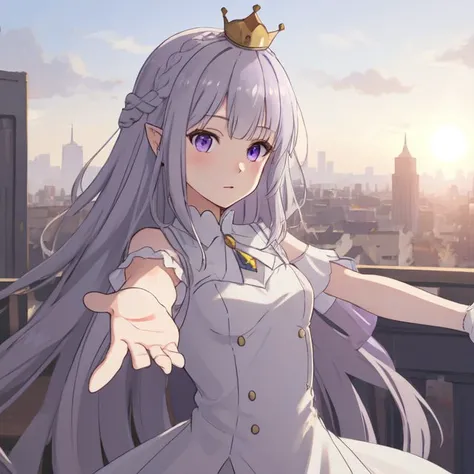 <lora:emilia:0.35>, <lora:bocchi_style_offset:0.45>, <lora:add_detail:0>, 1girl, solo, emilia, white dress, purple eyes, silver hair, long hair, pointy_ears, crown_braid, hair_ornament, white gloves, (outstretched arms:1.2), hands reaching for the camera, upper body, looking at viewer, close-up, outdoors, city, fantasy, sun,