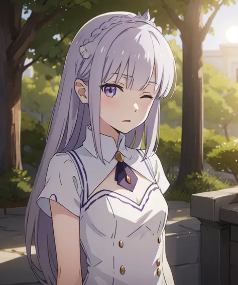 <lora:sanye_batch1:0.3>, <lora:emilia:0.35>, <lora:bocchi_style_offset:0.5>, <lora:add_detail:0>, 1girl, solo, emilia, adult, white dress, purple eyes, drunk, bad girl face, one eye closed, silver hair, long hair, pointy_ears, crown_braid, hair_ornament, white gloves, arms behind back, (naked:0.9),upper body, looking at viewer, close-up, outdoors, nature, fantasy, sun, masterpiece, best quality