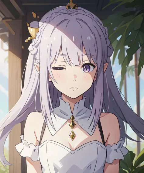 <lora:sanye_batch1:0.3>, <lora:emilia:0.35>, <lora:bocchi_style_offset:0.5>, <lora:add_detail:0>, 1girl, solo, emilia, adult, white dress, purple eyes, drunk, one eye closed, silver hair, long hair, pointy_ears, crown_braid, hair_ornament, white gloves, arms behind back, upper body, looking at viewer, close-up, outdoors, nature, fantasy, sun, masterpiece, best quality