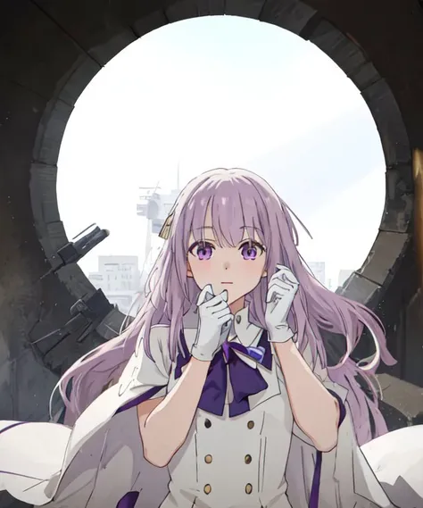 <lora:emilia:0.45>, <lora:bocchi_style_offset:0.8>, <lora:add_detail:0>, 1girl, solo, emilia, white dress, purple eyes, white hair, long hair, white gloves, arms up, upper body, looking at viewer, close-up, outdoors, city, fantasy, sun,