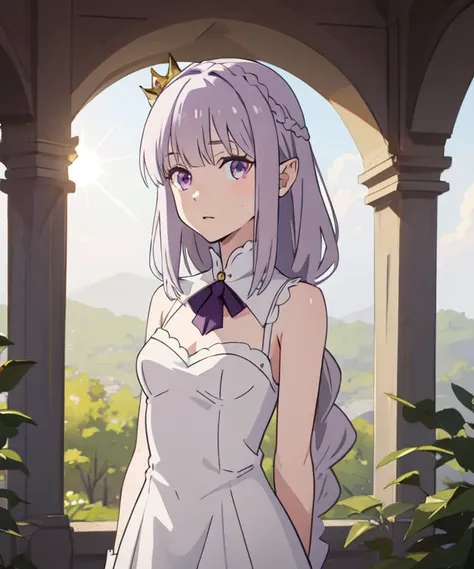 <lora:sanye_batch1:0.3>, <lora:emilia:0.35>, <lora:bocchi_style_offset:0.5>, <lora:add_detail:0>, 1girl, solo, emilia, adult, white dress, purple eyes, silver hair, long hair, pointy_ears, crown_braid, hair_ornament, white gloves, arms behind back, upper body, looking at viewer, close-up, outdoors, nature, fantasy, sun, masterpiece, best quality