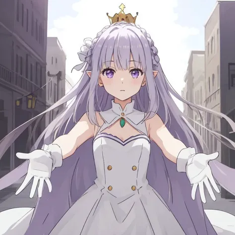 <lora:emilia:0.35>, <lora:bocchi_style_offset:0.45>,  <lora:add_detail:0>, 1girl, solo,  emilia, white dress, purple eyes,  silver hair, long hair, pointy_ears, crown_braid, hair_ornament, white gloves, (outstretched arms:1.2), upper body, looking at viewer, close-up, outdoors, city, fantasy, sun,