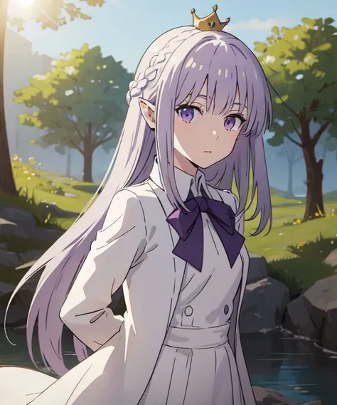 <lora:sanye_batch1:0.3>, <lora:emilia:0.35>, <lora:bocchi_style_offset:0.5>, <lora:add_detail:0>, 1girl, solo, emilia, adult, white dress, purple eyes, silver hair, long hair, pointy_ears, crown_braid, hair_ornament, white gloves, arms behind back, upper body, looking at viewer, close-up, outdoors, nature, fantasy, sun, masterpiece, best quality