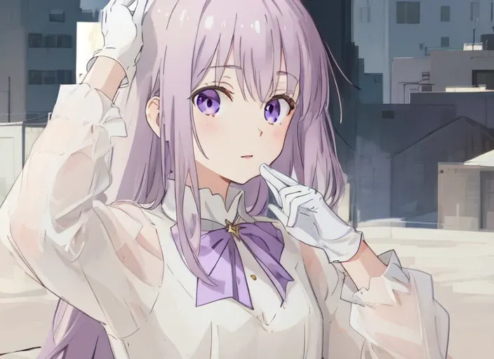 <lora:emilia:0.45>, <lora:bocchi_style_offset:0.8>,  <lora:add_detail:0>, 1girl, solo,  emilia, white dress, purple eyes, white hair, long hair, white gloves, arms up, upper body, looking at viewer, close-up, outdoors, city, fantasy, sun,