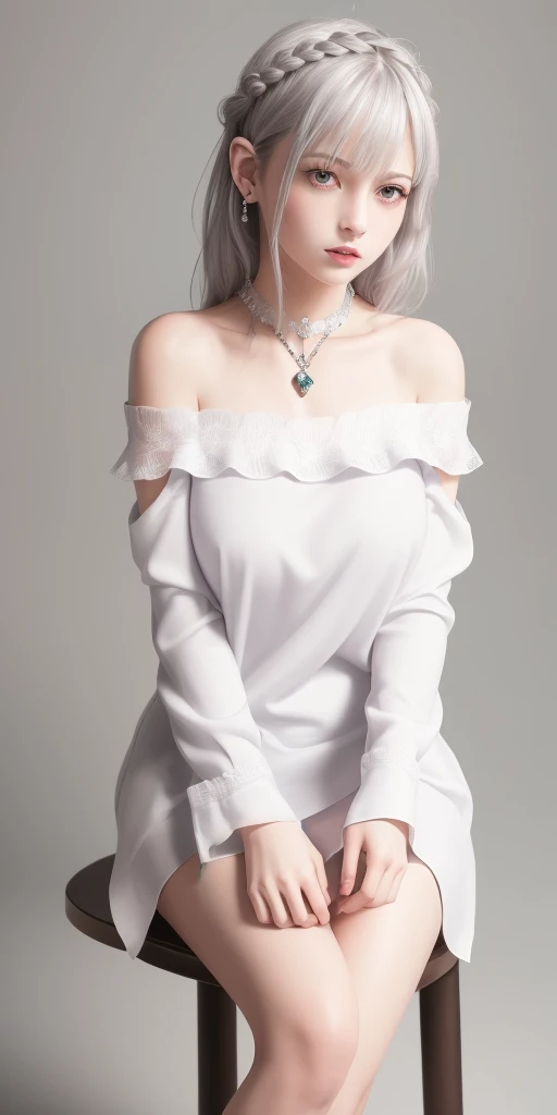 best quality,highly detailed,masterpiece,ultra-detailed,(realistic:1.2), <lora:reZEROEmilia_emiliaV1:0.5>,1girl,(white background),simple background,Delicate eyes,silver hair, purple eyes,hair_ornament,(white off-shoulder shirt:1.3),long hair,pointy_ears,crown_braid,expressionless,Straight hair,(++sitting:1.2), large breasts,