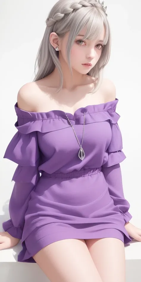 best quality,highly detailed,masterpiece,ultra-detailed,(realistic:1.2), <lora:reZEROEmilia_emiliaV1:0.5>,1girl,(white background),simple background,Delicate eyes,silver hair, purple eyes,hair_ornament,(white off-shoulder shirt:1.3),long hair,pointy_ears,crown_braid,expressionless,Straight hair,(++sitting:1.2), large breasts,
