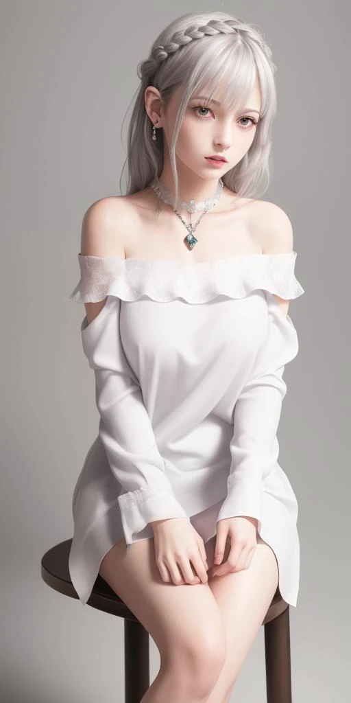best quality,highly detailed,masterpiece,ultra-detailed,(realistic:1.2), <lora:reZEROEmilia_emiliaV1:0.5>,1girl,(white background),simple background,Delicate eyes,silver hair, purple eyes,hair_ornament,(white off-shoulder shirt:1.3),long hair,pointy_ears,crown_braid,expressionless,Straight hair,(++sitting:1.2), large breasts,
