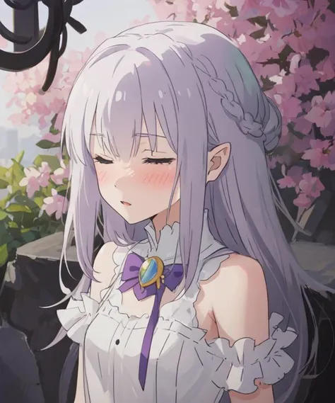 <lora:sanye_batch1:0.3>, <lora:emilia:0.35>, <lora:bocchi_style_offset:0.5>, <lora:add_detail:0>, 1girl, solo, emilia, adult, white dress, purple eyes, fucked silly, bad girl face, (blush:1.2), one eye closed, silver hair, long hair, pointy ears, crown braid, hair ornament, white gloves, arms behind back, (naked:0.9),upper body, looking at viewer, close-up, outdoors, nature, fantasy, sun, masterpiece, best quality