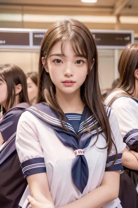 school uniform, sailor collar, long hair, brown hair, serafuku, red sailor collar, parted lips, looking at viewer, short sleeves, multiple girls, solo focus, shirt, pink neckerchief, brown eyes, neckerchief, blurry, blurry background, white shirt, upper body, lips, bangs, blue skirt, skirt, earrings, jewelry, freckles, realistic,smile, <lora:seifuku_proto:1>